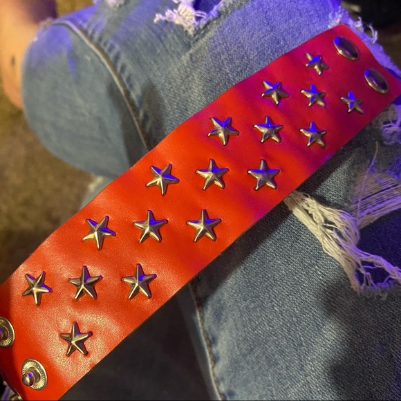 Leather Cuff Bracelet Red Biker Metal Star Rivets Adjustable - Picture 3 of 8